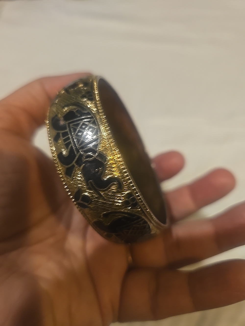 Goldtone & Black Raised Enamel Elephant Bangle Bracelet-Indian Style-Asian Style